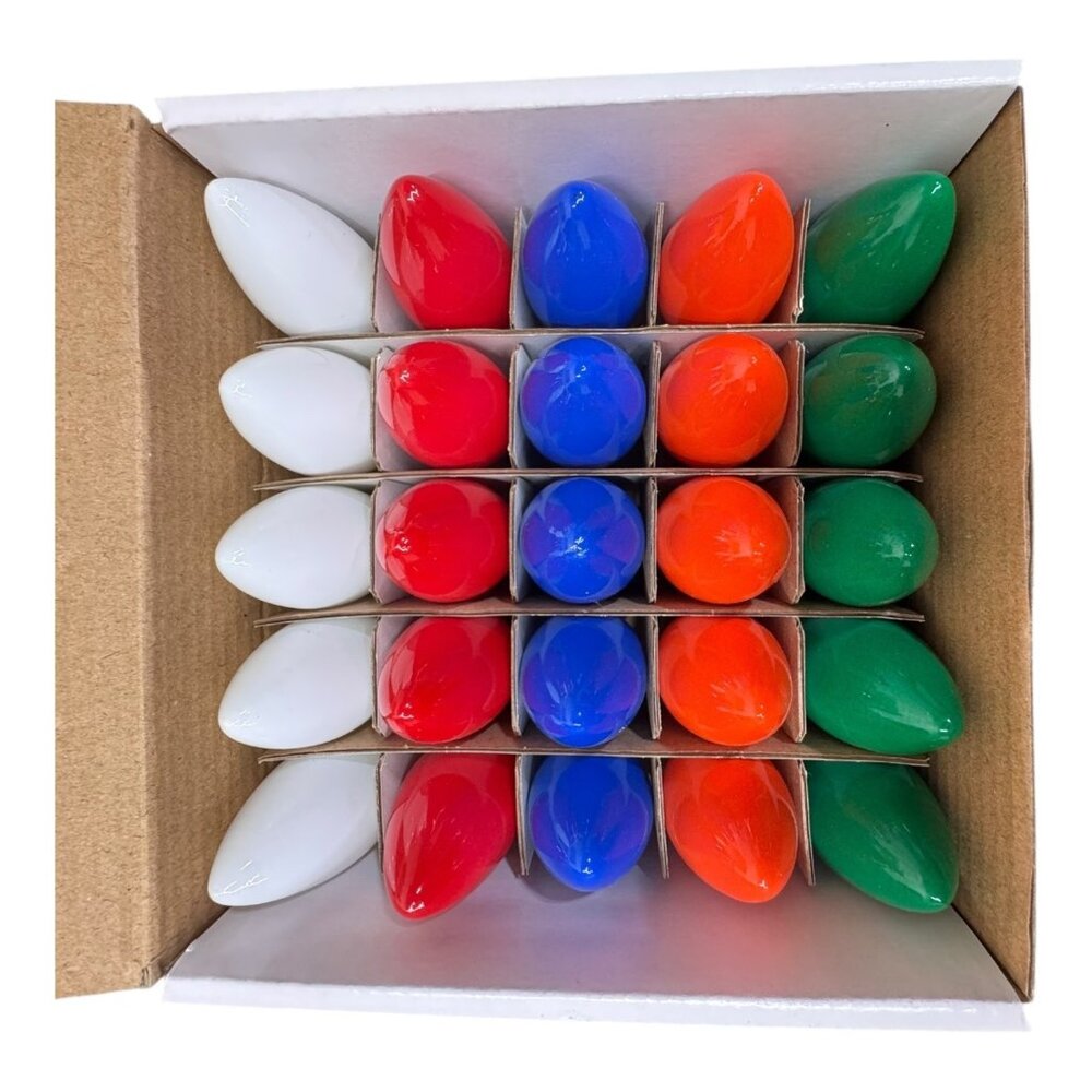 Vintage 25 Pcs C9 Long Life Bulbs Multi Color 130 Volt 7 Watt Indoor Outdoor Use